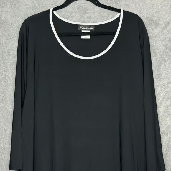 Creation 3X Shirt Top Black Solid 3/4 Sleeve Scoop Neck Asymmetrical Hem Stretch - Picture 3 of 6